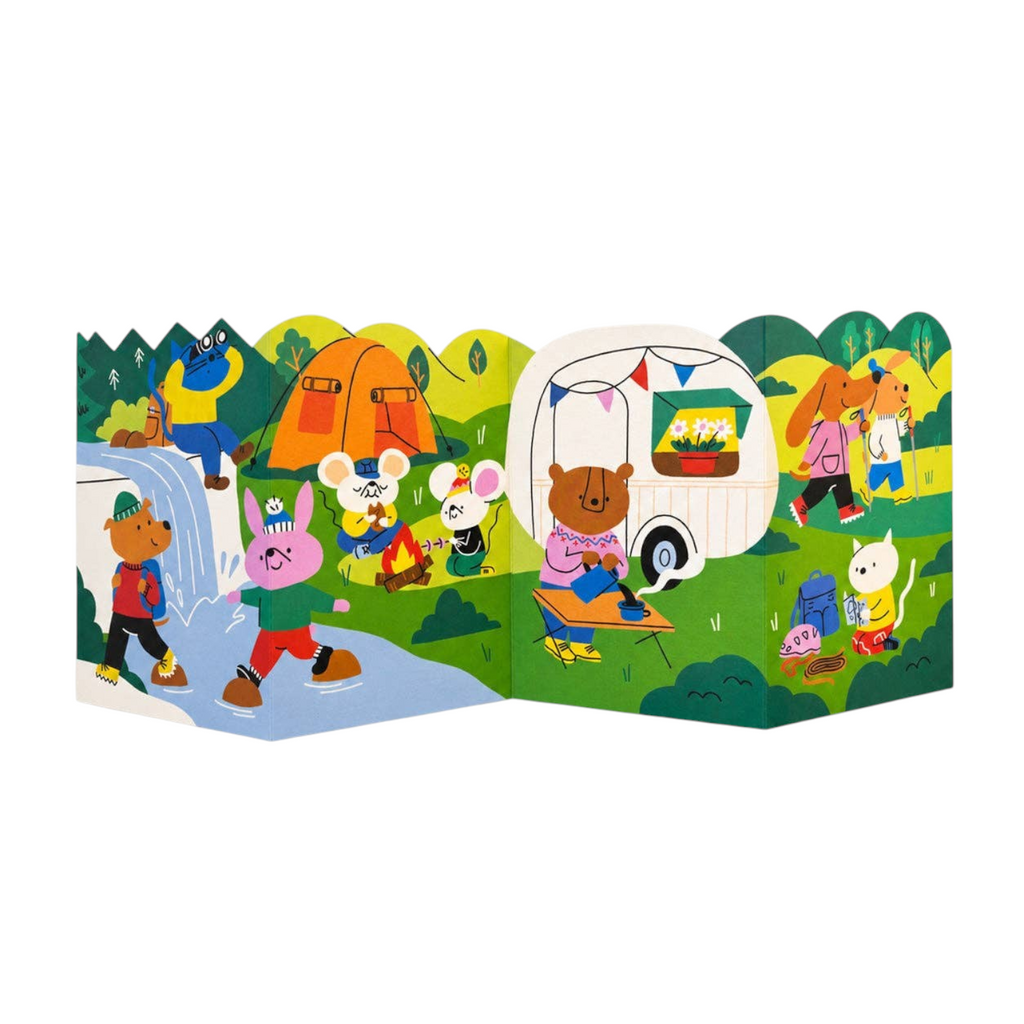 Mrs Best Paper Co. Studio Boketto Outdoors hiking concertina card with colourful animal illustrations on paper.