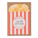 Mrs Best Paper Co. popcorn-shaped birthday card with red and white stripes and a kraft envelope on a blue background.