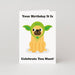 Mrs Best Paper Co. funny pug birthday card featuring a dog in a green sci-fi costume on matte sustainably sourced paper