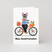 Mrs Best Paper Co. birthday card featuring a French pug on a bicycle with a baguette, wine, and gift, matte finish.