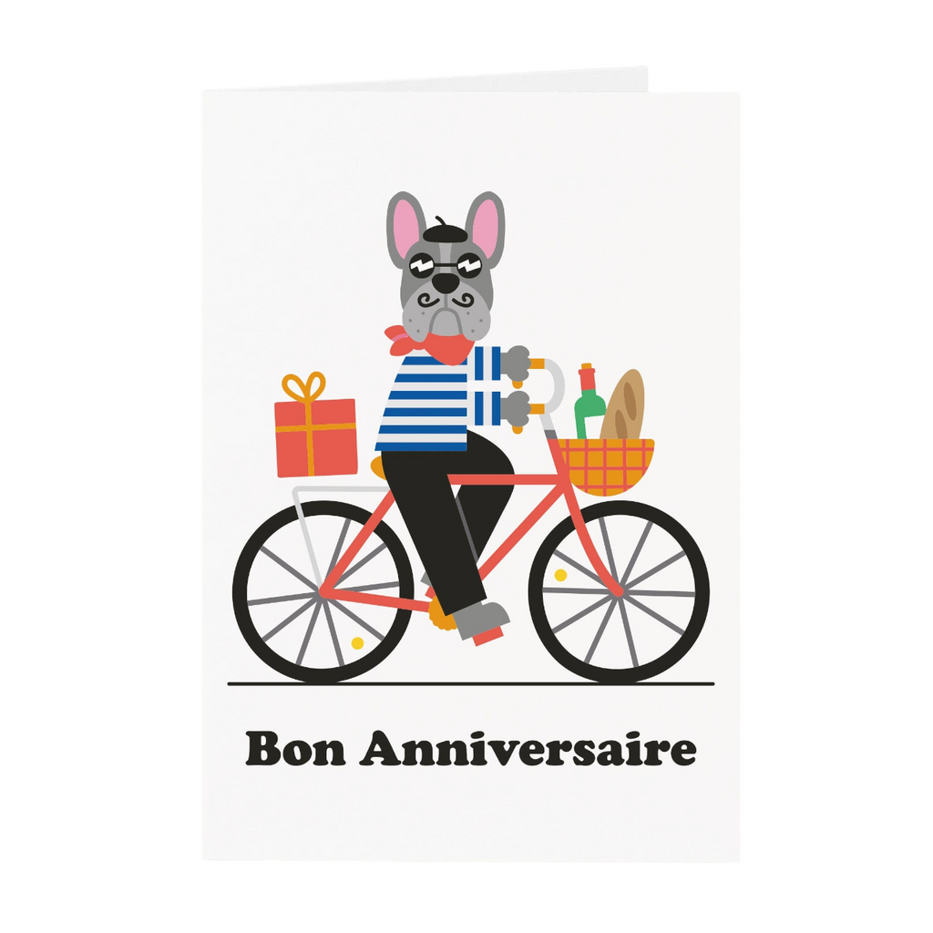 Mrs Best Paper Co. Bon Anniversaire birthday card featuring a stylish pug on a red bicycle with French accessories.