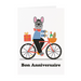 Mrs Best Paper Co. Bon Anniversaire birthday card featuring a stylish pug on a red bicycle with French accessories.