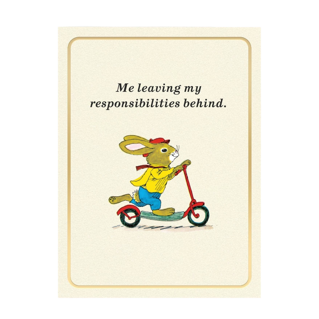 Mrs Best Paper Co. mini greeting card featuring a Richard Scarry rabbit on a scooter with gold foil border details.