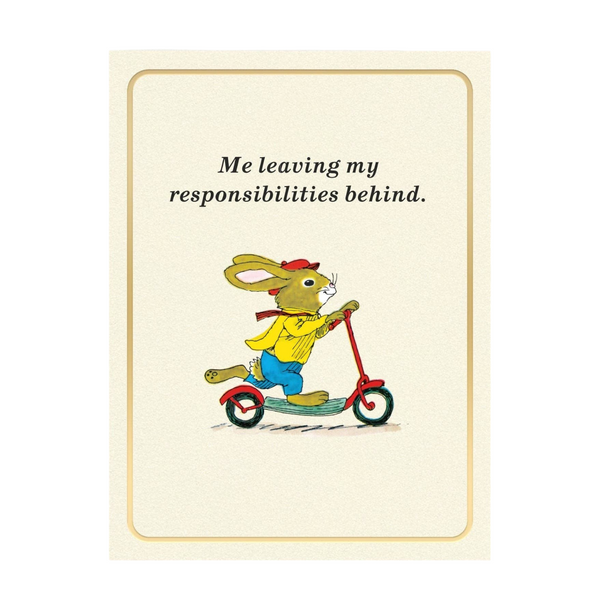 Mrs Best Paper Co. mini greeting card featuring a Richard Scarry rabbit on a scooter with gold foil border details.