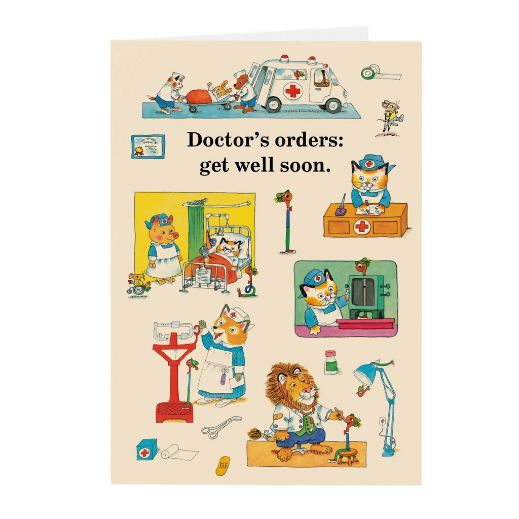 Mrs Best Paper Co. Richard Scarry Doctors Orders get well soon greetings card with whimsical animal doctor illustrations