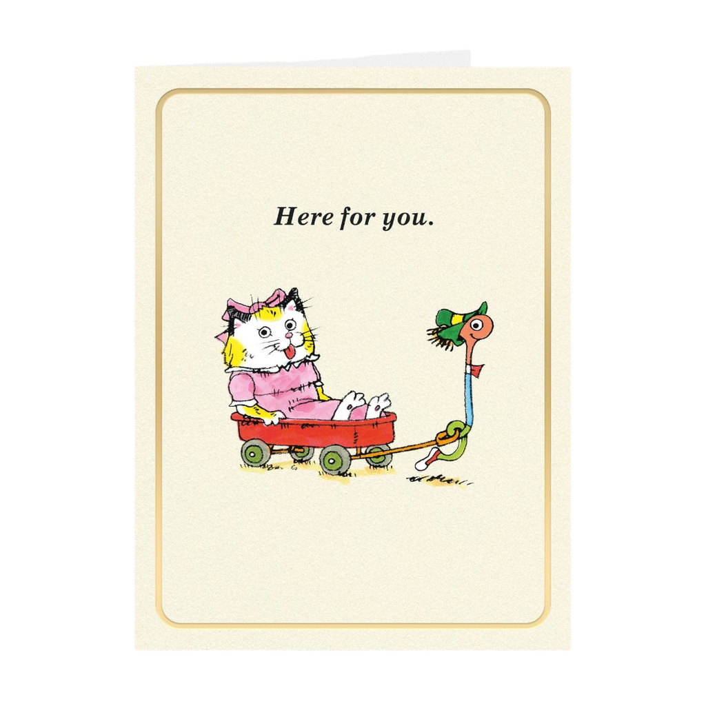 Mrs Best Paper Co. mini greeting card featuring a Richard Scarry cat in a red wagon with gold foil border detail.