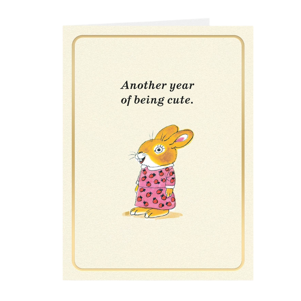Mrs Best Paper Co. mini greeting card featuring a Richard Scarry rabbit illustration and gold foil text