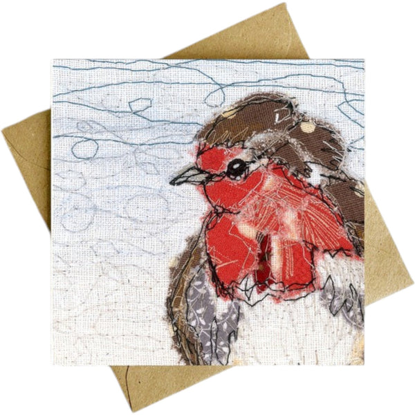 Mrs Best Paper Co. greeting card featuring a detailed robin embroidery design with a kraft brown envelope.