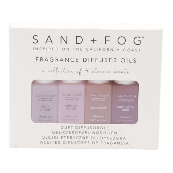 Mrs Best Paper Co. Sand + Fog 4-pack fragrance diffuser oils featuring White Cotton, Tahitian Vanilla, Teakwood, and Eucalyptus Mint scents in 10ml bottles.
