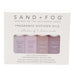 Mrs Best Paper Co. Sand + Fog 4-pack fragrance diffuser oils featuring White Cotton, Tahitian Vanilla, Teakwood, and Eucalyptus Mint scents in 10ml bottles.