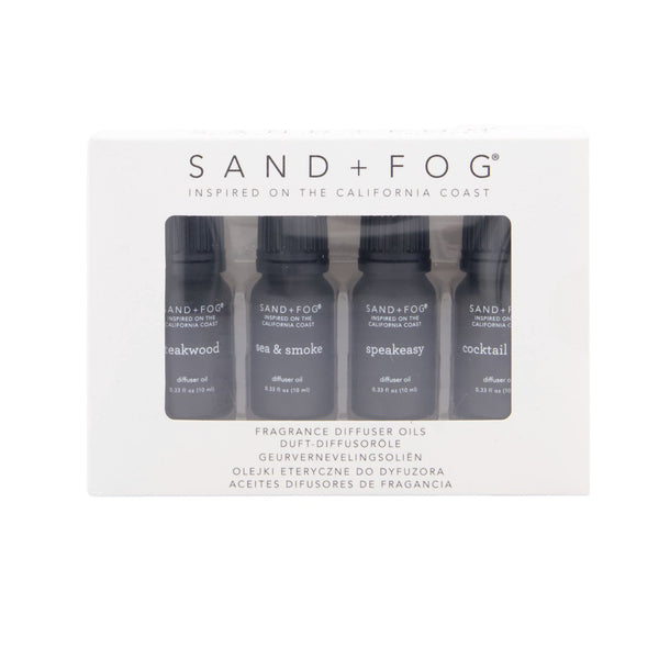 Mrs Best Paper Co. Sand + Fog 4-pack of 10ml fragrance diffuser oils in Teakwood, Sea and Smoke, Speakeasy, and Cocktail