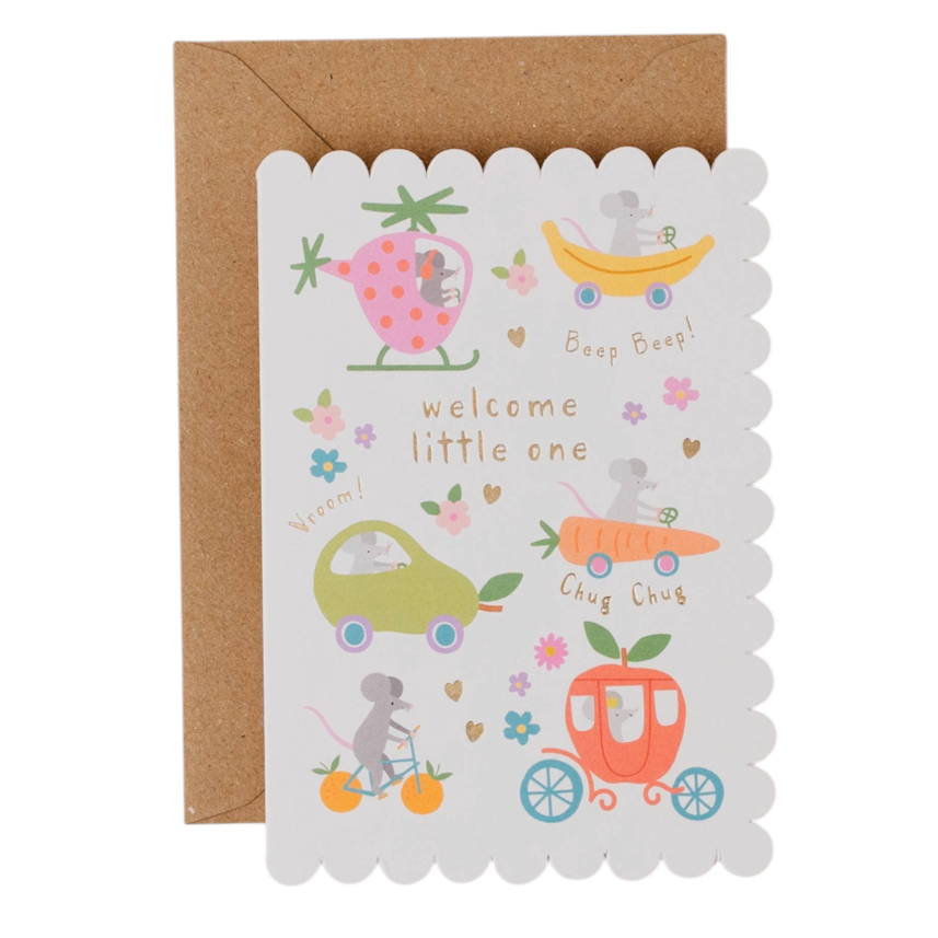 Mrs Best Paper Co. scalloped baby card featuring whimsical mice in fruit-themed vehicles with a kraft envelope.