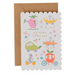 Mrs Best Paper Co. scalloped baby card featuring whimsical mice in fruit-themed vehicles with a kraft envelope.