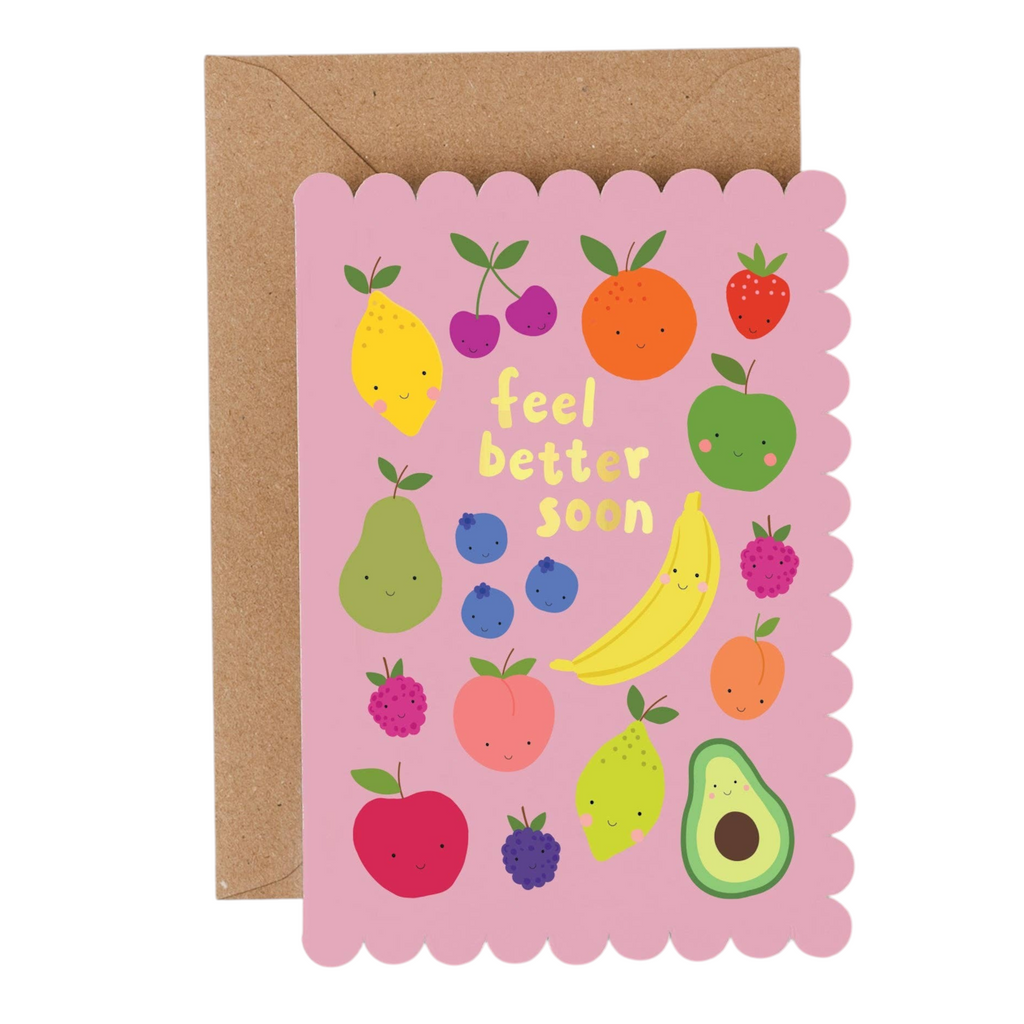 Mrs Best Paper Co. scalloped edge get well card with smiling fruit characters and gold foil on a pink background