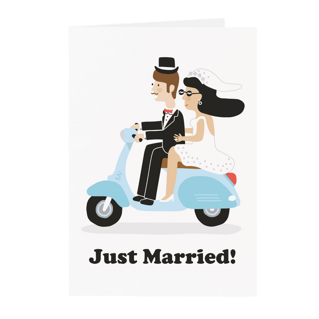 Mrs Best Paper Co. Studio Boketto wedding card featuring a bride and groom riding a blue scooter with Just Married text