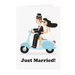 Mrs Best Paper Co. Studio Boketto wedding card featuring a bride and groom riding a blue scooter with Just Married text