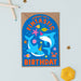 Mrs Best Paper Co. arched birthday card featuring two sharks in party hats on a blue background with neon text.