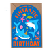 Mrs Best Paper Co. arched birthday card featuring two sharks in party hats on a blue background with neon text