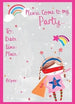Mrs Best Paper Co. Shero party invitation postcard with neon superhero girl, rainbow, and stars on textured paper.