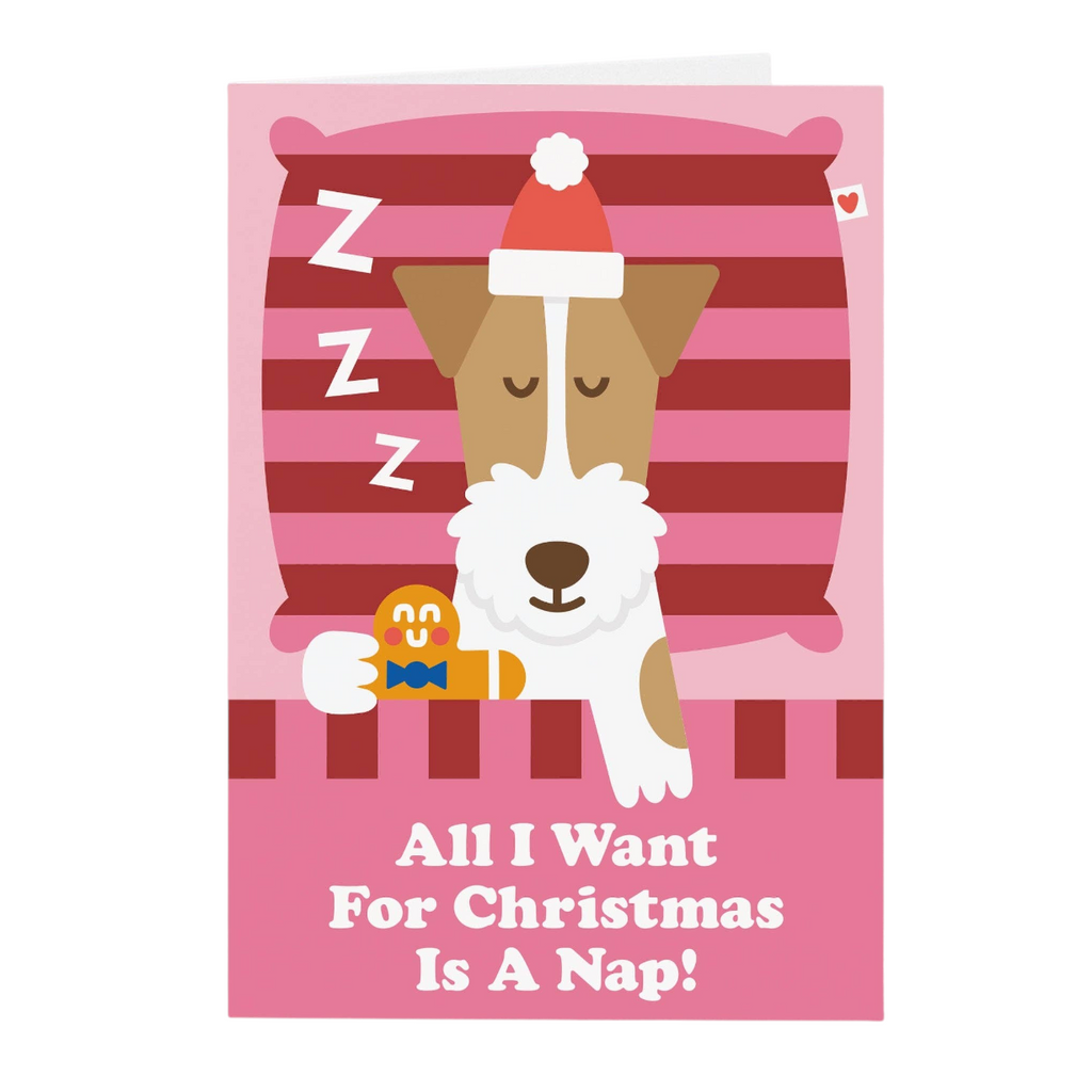 Mrs Best Paper Co. Christmas card featuring a sleeping puppy in a Santa hat with a gingerbread man on a pink background