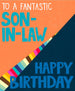 Mrs Best Paper Co. birthday card for a son-in-law with neon orange and navy blue diagonal design and foil accents.