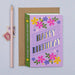 Mrs Best Paper Co. Mifkins birthday card shaped like a book with floral design and gold foil Happy Birthday text