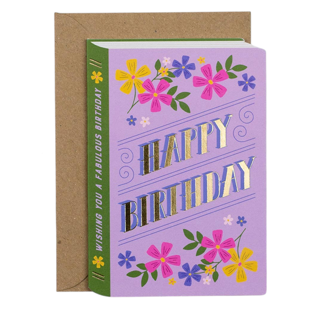 Mrs Best Paper Co. Mifkins birthday card shaped like a book with purple floral cover and gold foil Happy Birthday text