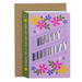 Mrs Best Paper Co. Mifkins birthday card shaped like a book with purple floral cover and gold foil Happy Birthday text