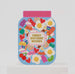 Mrs Best Paper Co. arched die-cut birthday card featuring a jar filled with colorful candy, sweets, and fried eggs.