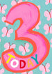 Mrs Best Paper Co. Paper Salad 3rd birthday card with pink number three, neon butterflies, and high gloss finish.