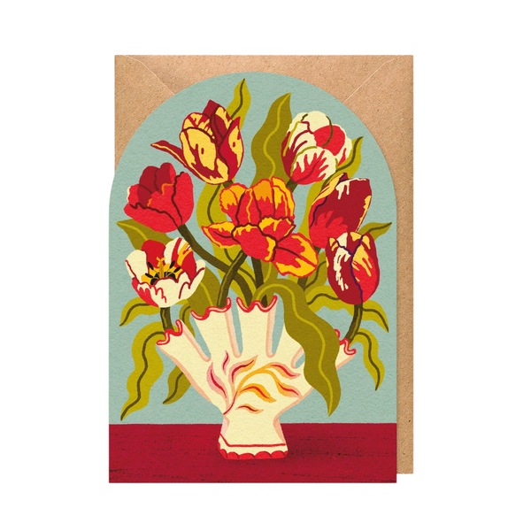 Mrs Best Paper Co. arch-shaped greeting card featuring a bouquet of autumnal tulips in a decorative vase.