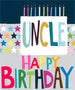 Mrs Best Paper Co. Uncle birthday card with neon star patterns, embossed text, and colourful birthday candles.