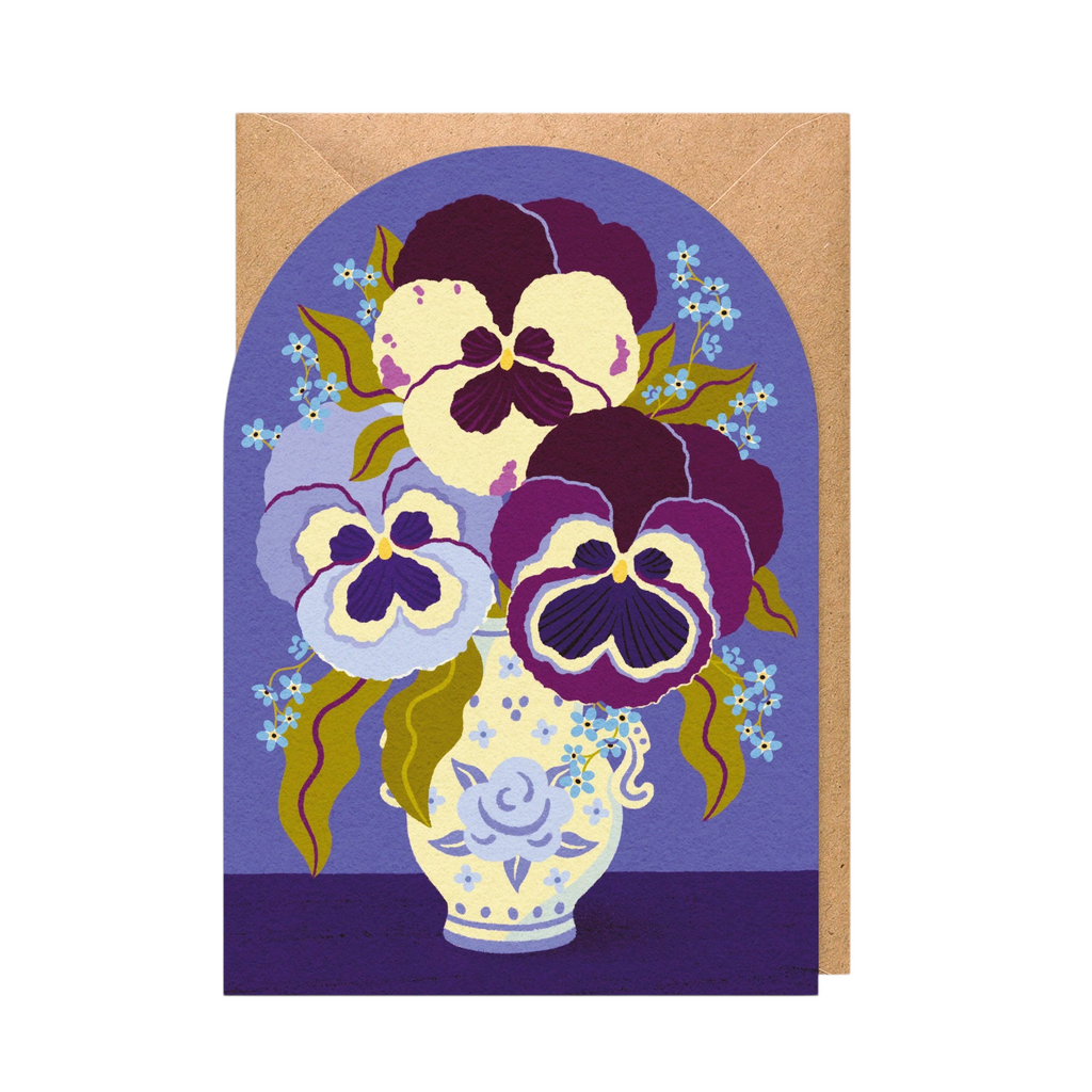 Mrs Best Paper Co. arch-shaped greeting card featuring handpainted purple and cream violas in a blue and white vase.