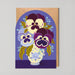 Mrs Best Paper Co. arch-shaped greeting card featuring handpainted violas in a blue and white vase on kraft envelope.