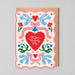 Mrs Best Paper Co. On Your Wedding Day card with scalloped edges, featuring blue birds and red hearts illustration.