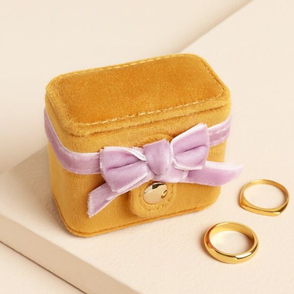 Lisa Angel Mustard and Pink Velvet Bow Travel Ring Box