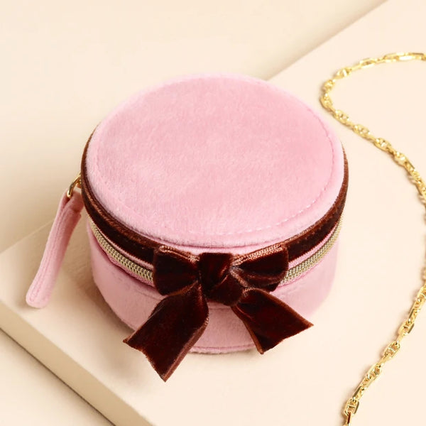 Lisa Angel Pink and Burgundy Velvet Bow Mini Round Jewellery Case