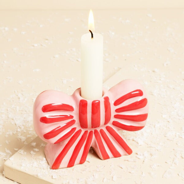 Lisa Angel Pink and Red Stripe Bow Ceramic Candle Holder