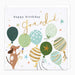 A square birthday card with a white background featuring the text 'happy birthday Grandad' in black and gold script. The card is decorated with illustrated balloons in green, blue, beige, and gold patterns, along with small stars and confetti.