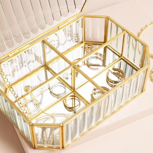 Lisa Angel Large Ribbed Glass Jewellery Box in Gold