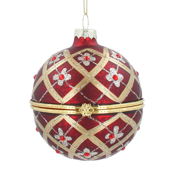 Gisela Graham Glass Bauble  - Red/Gold Floral Trellis Container
