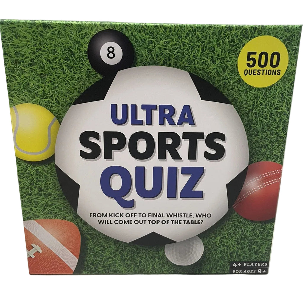 Ultra Sports Quiz game box on a light gray surface against a white wall. The front cover shows a soccer ball with the title 'ULTRA SPORTS QUIZ' in blue and black text, a yellow circle reading '500 QUESTIONS,' and sports-themed graphics including a black 8-ball, tennis ball, cricket ball, football, and golf ball on a green grass background.