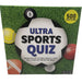 Ultra Sports Quiz game box on a light gray surface against a white wall. The front cover shows a soccer ball with the title 'ULTRA SPORTS QUIZ' in blue and black text, a yellow circle reading '500 QUESTIONS,' and sports-themed graphics including a black 8-ball, tennis ball, cricket ball, football, and golf ball on a green grass background.