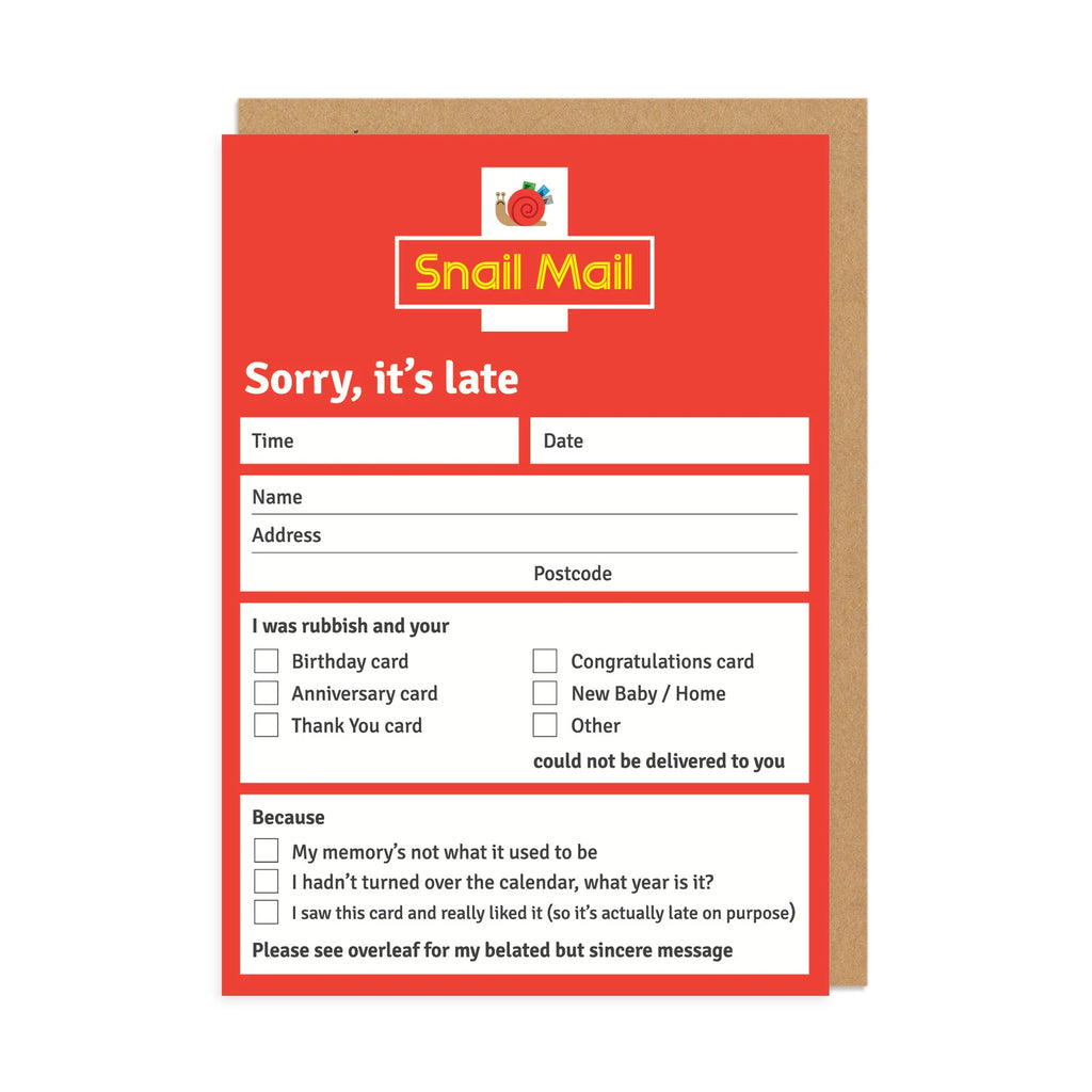 Red card with 'Snail Mail' logo and text on a white background