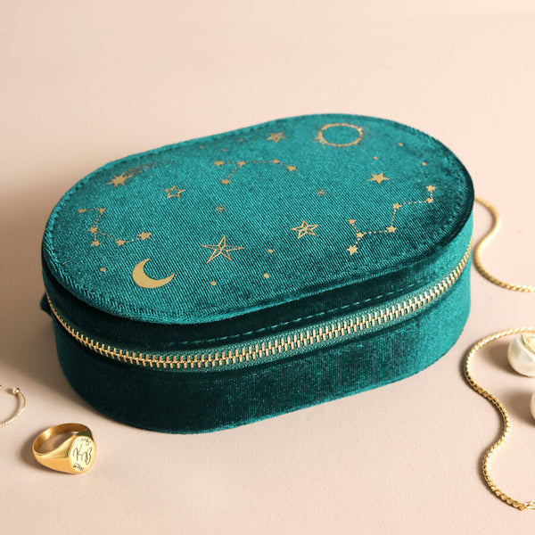 Lisa Angel Starry Night Velvet Oval Jewellery Case in Teal