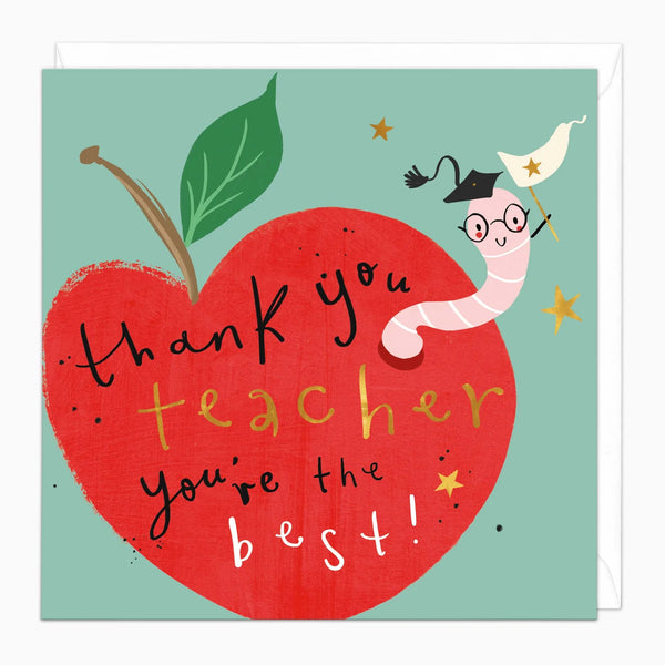 Card with a red apple and cartoon worm wearing a graduation cap on a light green background.