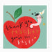 Card with a red apple and cartoon worm wearing a graduation cap on a light green background.