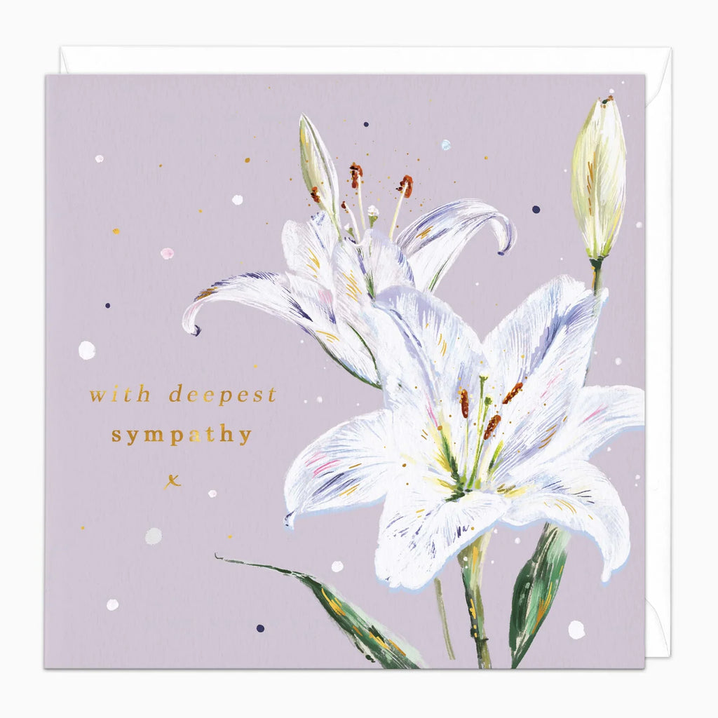 Greeting card with white lilies and 'with deepest sympathy' text on a light purple background.