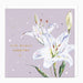 Greeting card with white lilies and 'with deepest sympathy' text on a light purple background.
