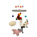 A handmade felt mobile featuring farm animal figures such as a cow, donkey, pig, sheep, and cockerel, along with colorful circles and a ' Ancient Wisdom ' label.